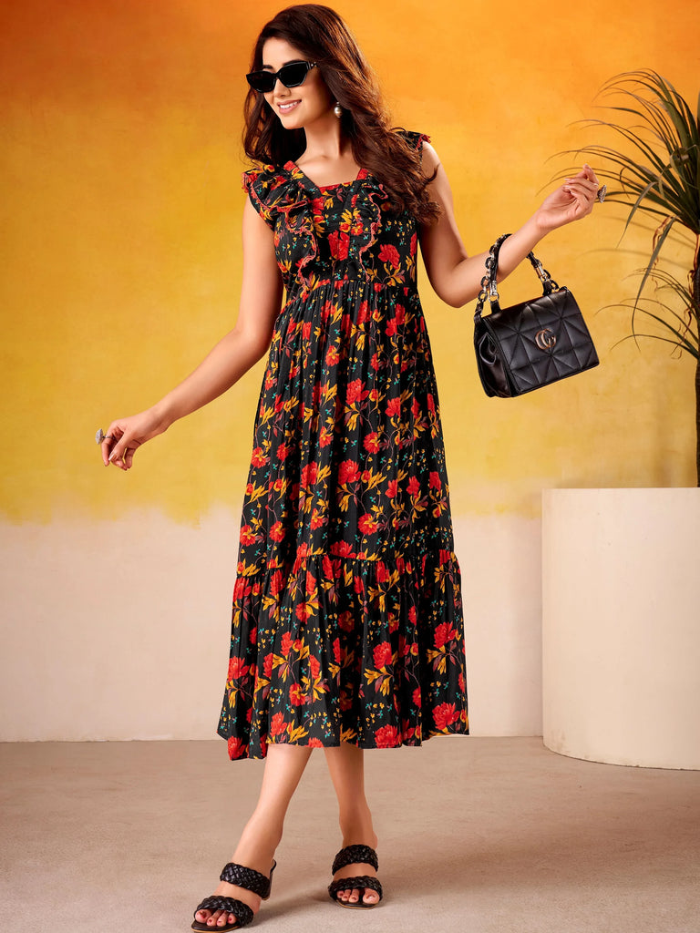 Fabulous Black Flower Printed Silk Casual Wear Dress