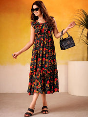 Fabulous Black Flower Printed Silk Casual Wear Dress