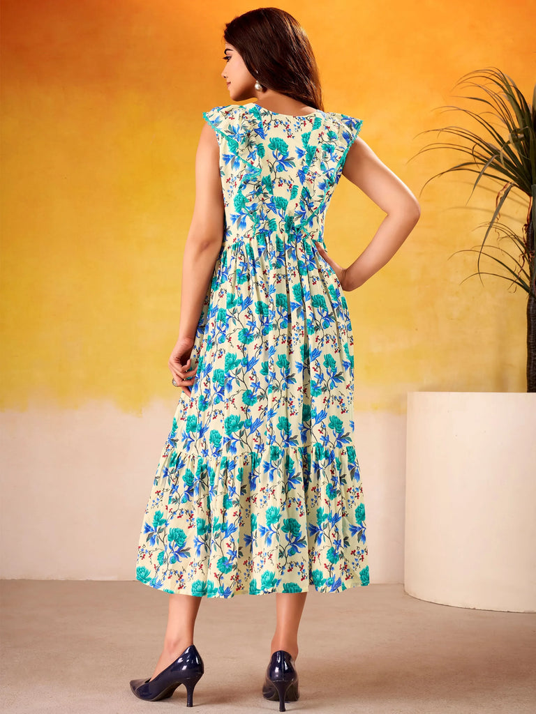 Wonderful Blue Flower Printed Silk Casual Wear Dress