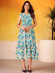 Wonderful Blue Flower Printed Silk Casual Wear Dress