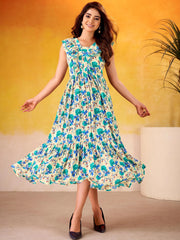 Wonderful Blue Flower Printed Silk Casual Wear Dress