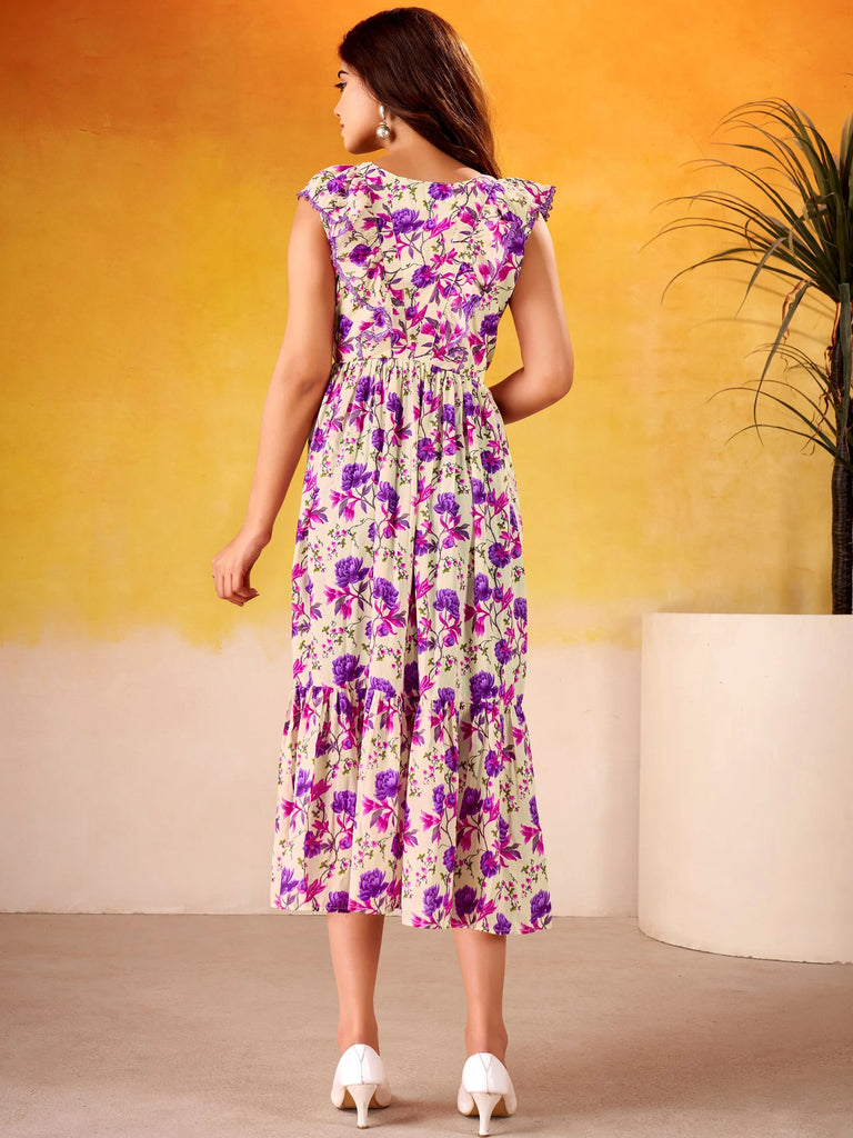 Incredible Purple Flower Printed Silk Casual Wear Dress