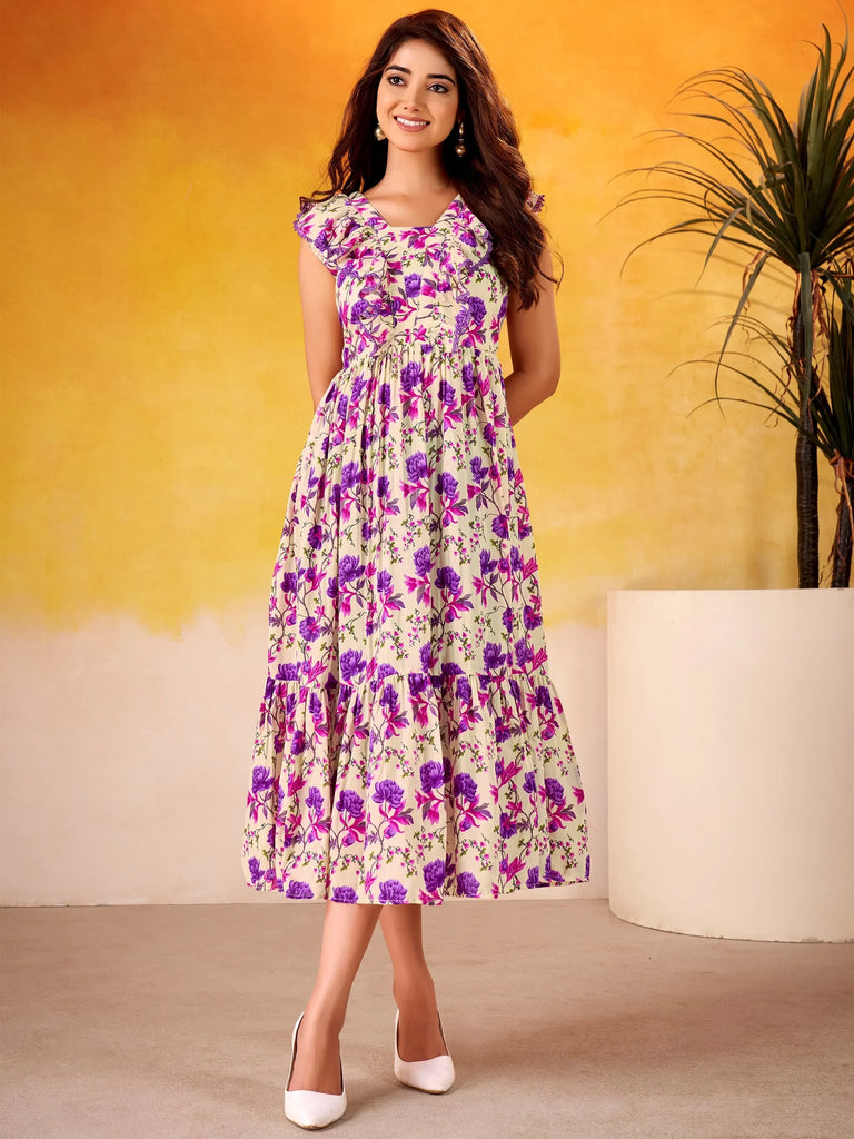 Incredible Purple Flower Printed Silk Casual Wear Dress