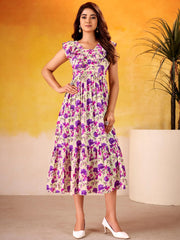 Incredible Purple Flower Printed Silk Casual Wear Dress