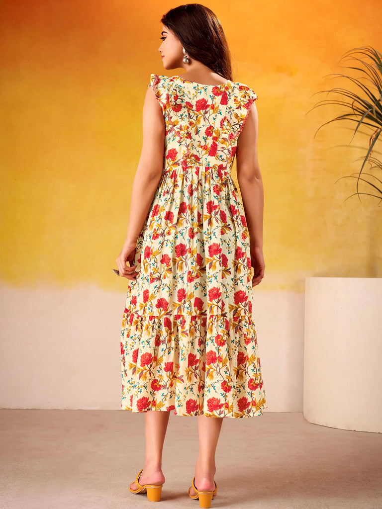 Adorable Red Flower Printed Silk Casual Wear Dress