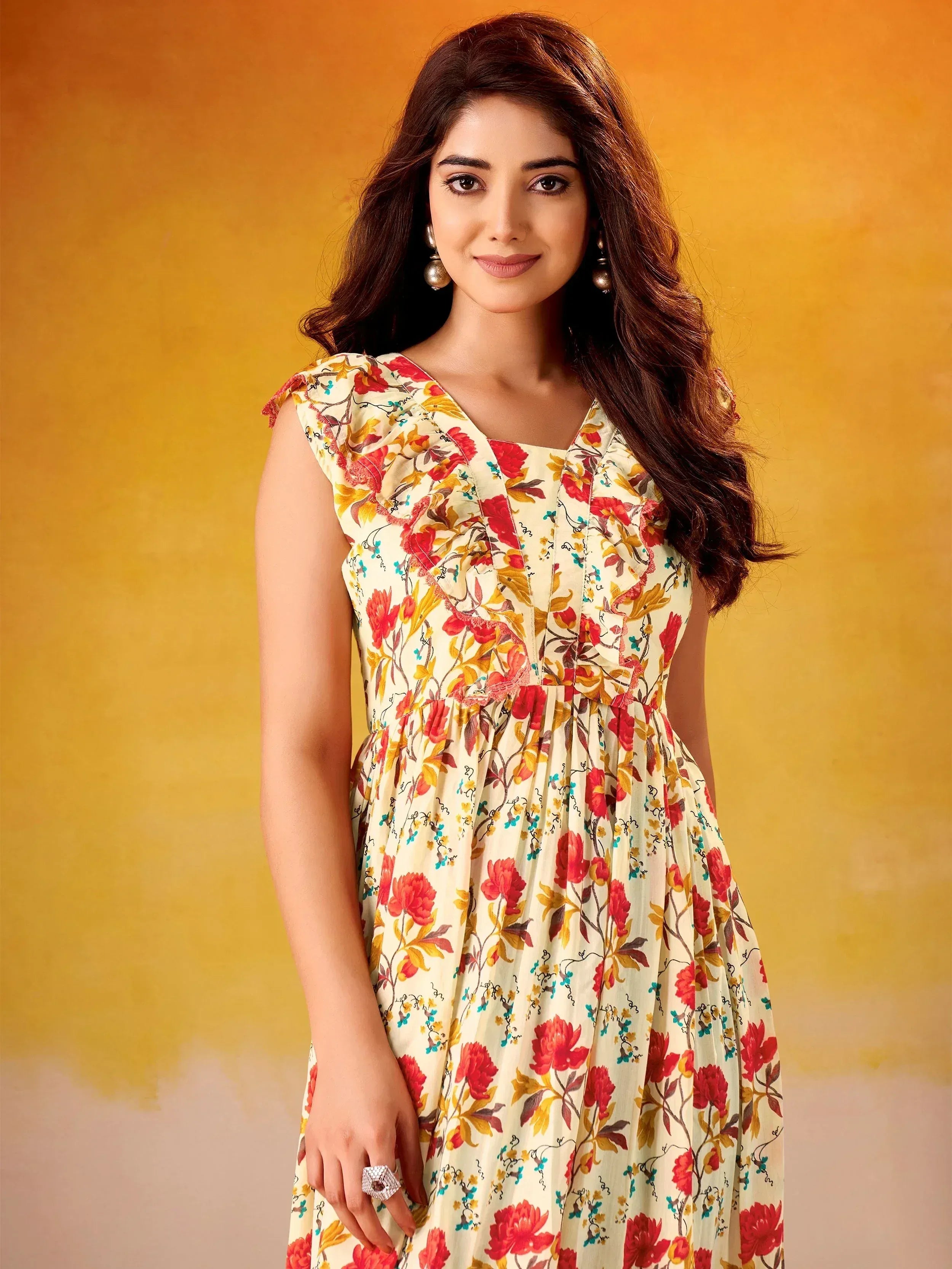 Adorable Red Flower Printed Silk Casual Wear Dress