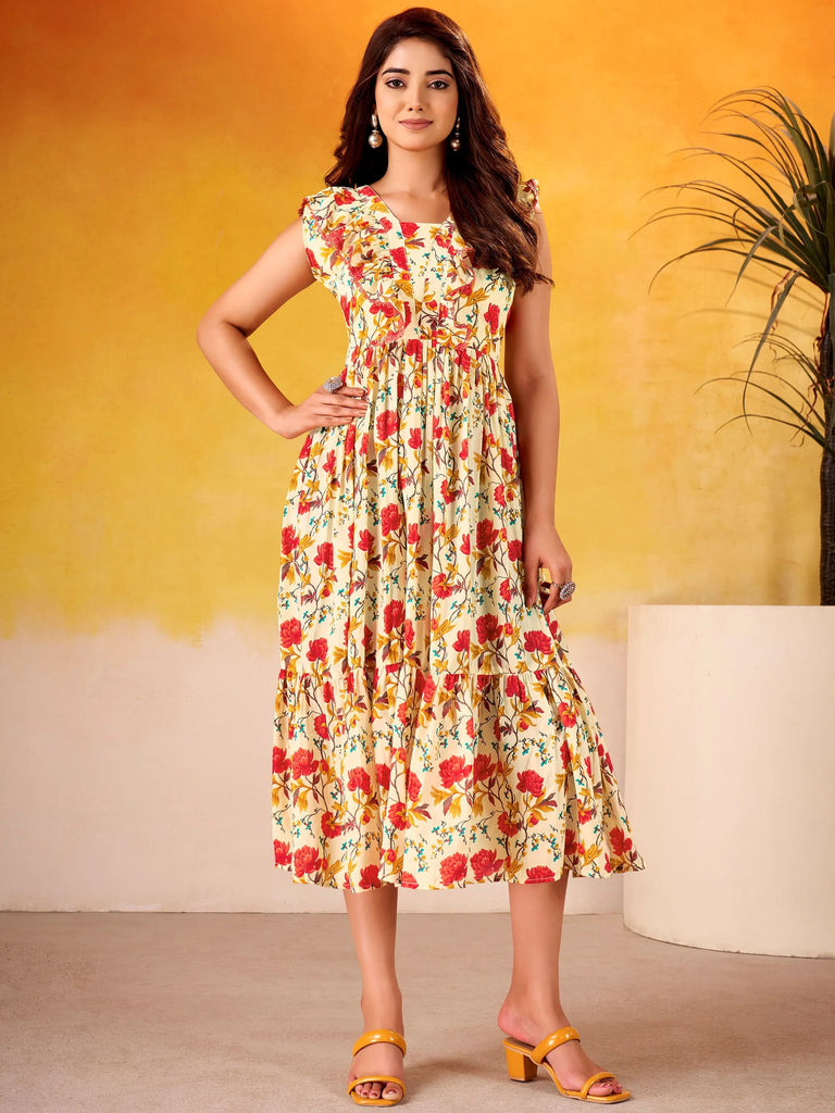 Adorable Red Flower Printed Silk Casual Wear Dress
