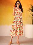 Adorable Red Flower Printed Silk Casual Wear Dress