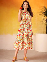 Adorable Red Flower Printed Silk Casual Wear Dress