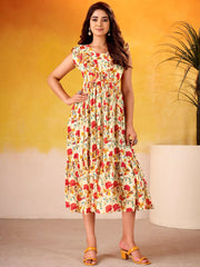 Adorable Red Flower Printed Silk Casual Wear Dress