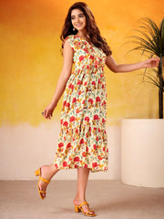 Adorable Red Flower Printed Silk Casual Wear Dress