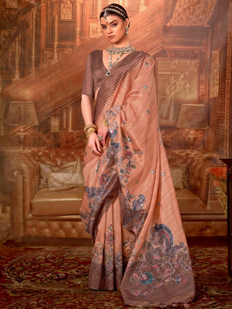 Beautiful Peach Hand Work Tussar Silk Festive Wear Saree With Blouse