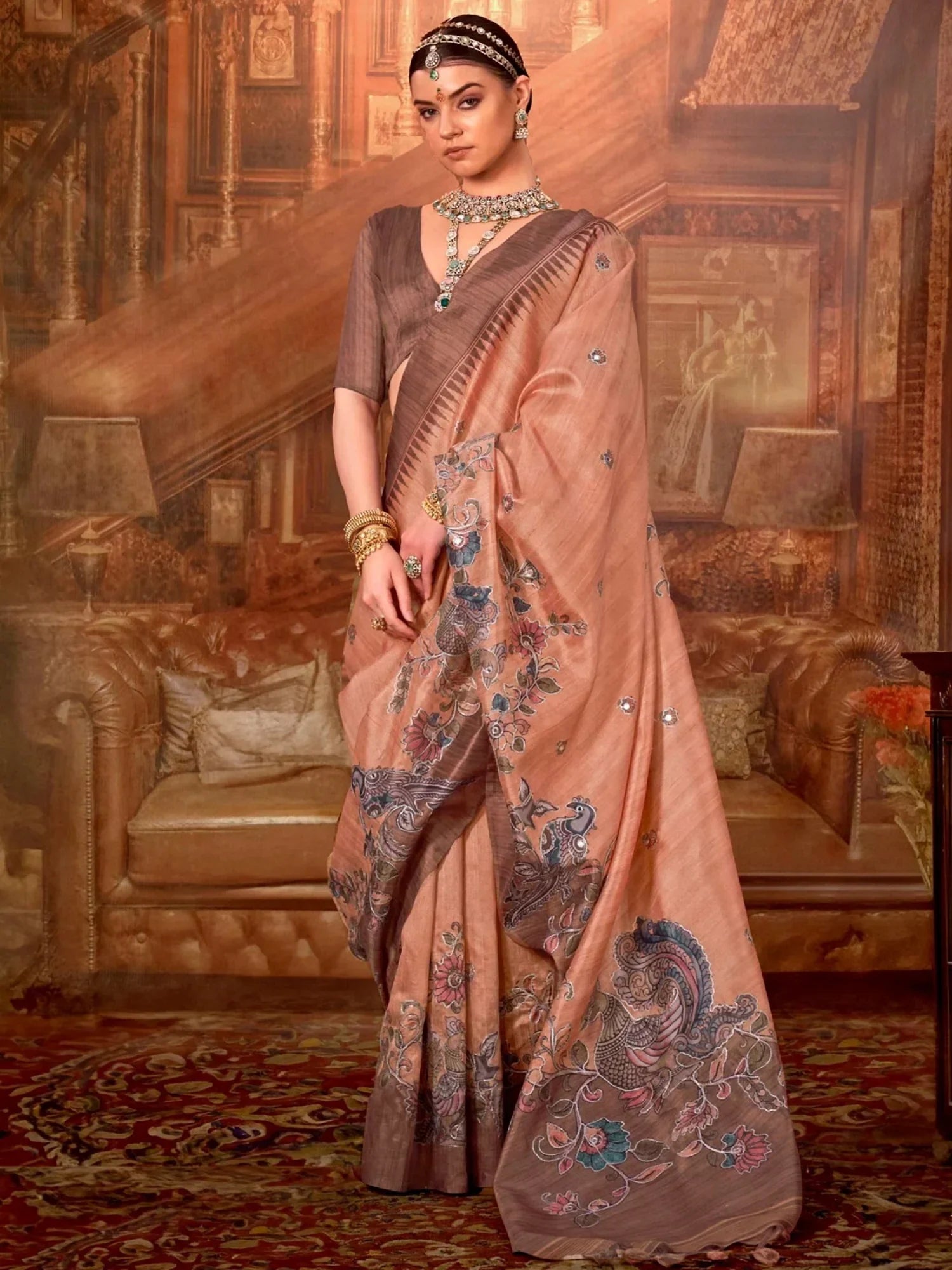 Beautiful Peach Hand Work Tussar Silk Festive Wear Saree With Blouse