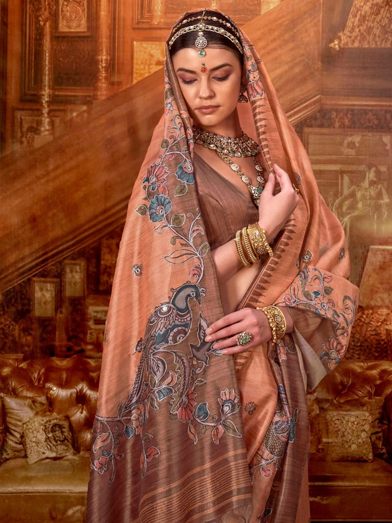 Beautiful Peach Hand Work Tussar Silk Festive Wear Saree With Blouse
