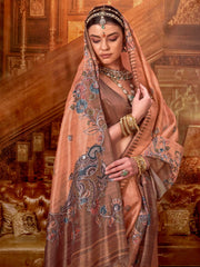 Beautiful Peach Hand Work Tussar Silk Festive Wear Saree With Blouse