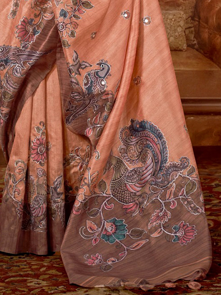 Beautiful Peach Hand Work Tussar Silk Festive Wear Saree With Blouse