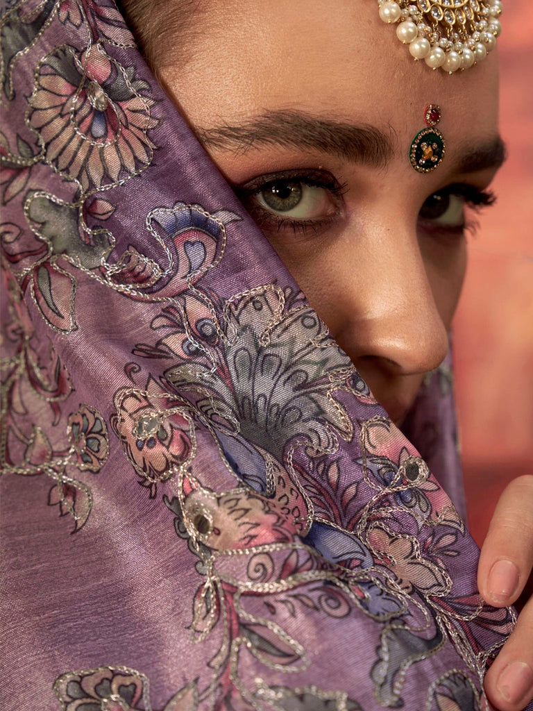 Charming Purple Hand Work Tussar Silk Wedding Wear Saree With Blouse