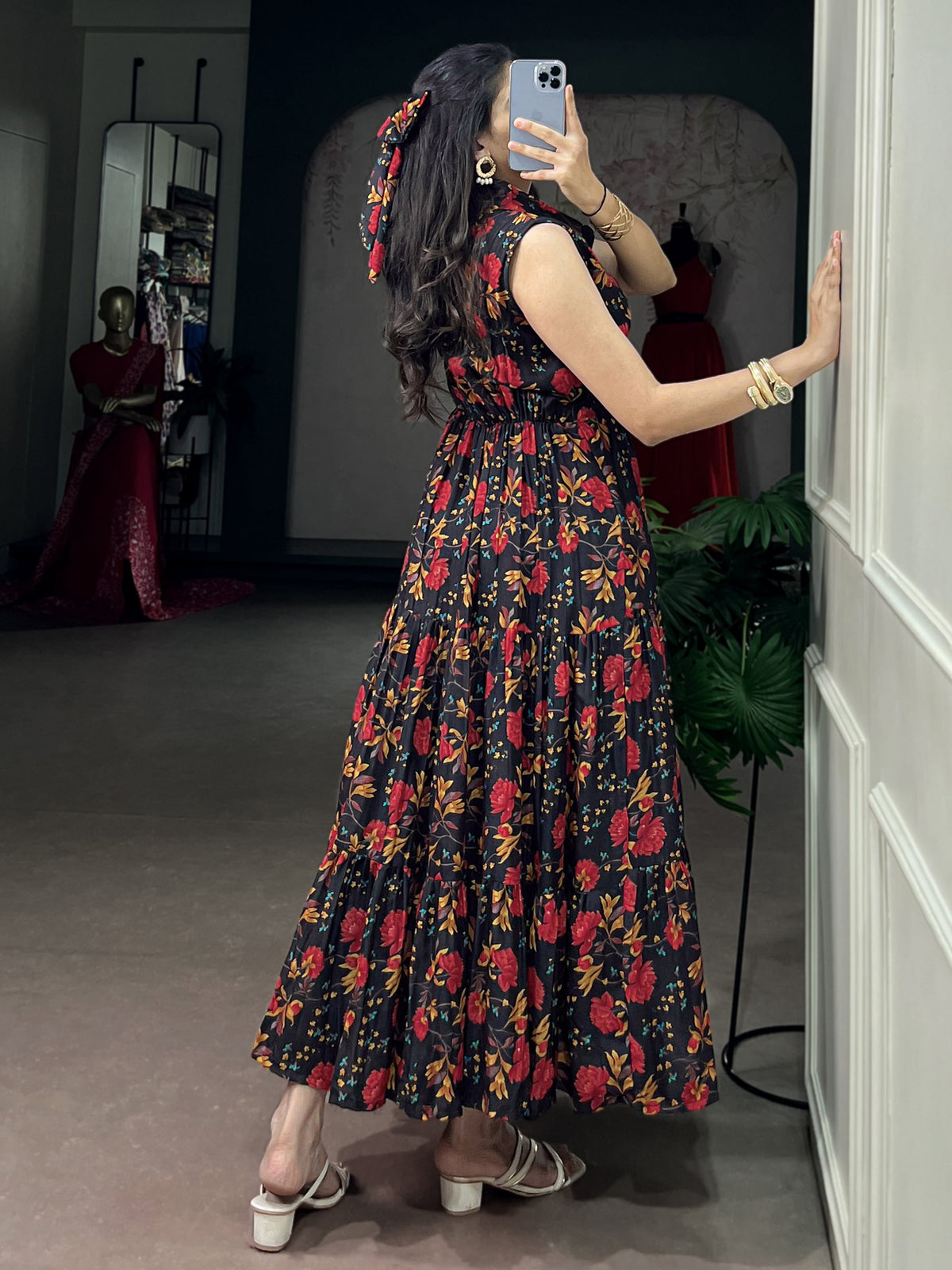 Captivating Black Floral Printed Muslin Silk Casual Wear Dress