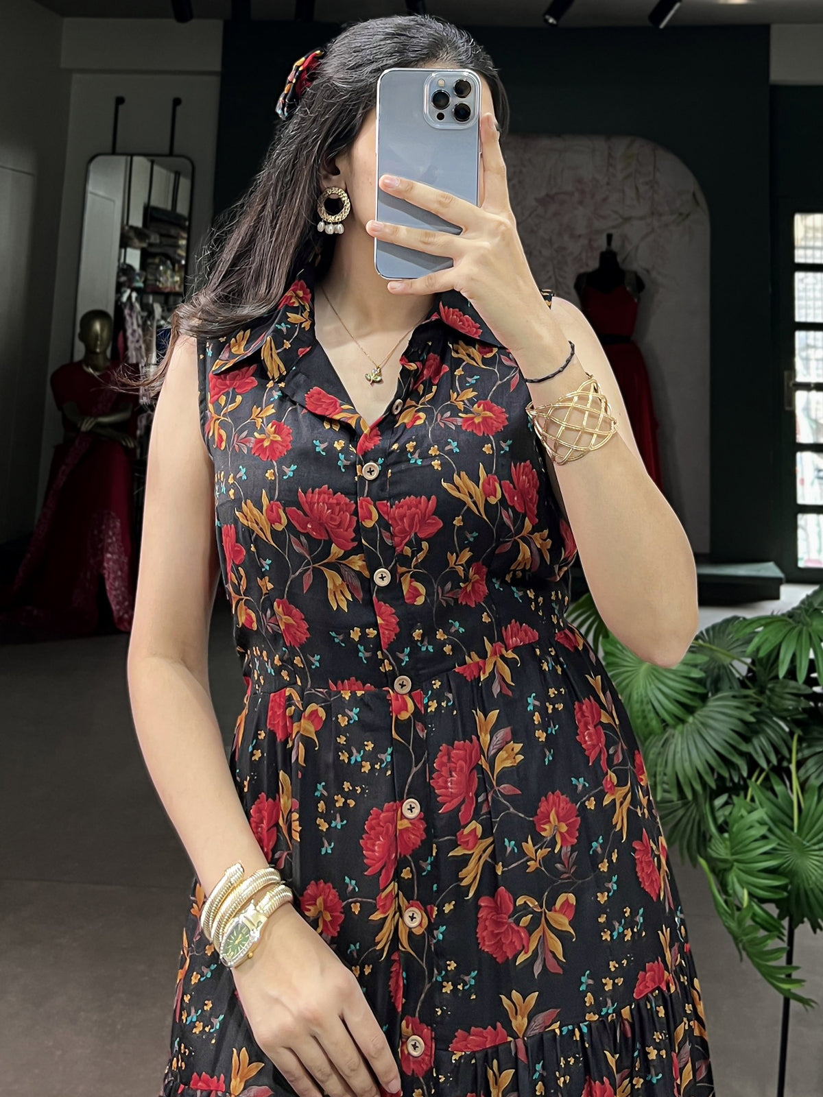 Captivating Black Floral Printed Muslin Silk Casual Wear Dress