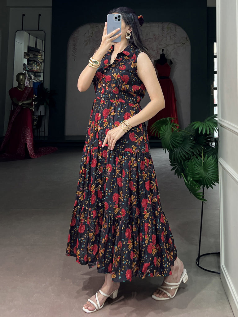 Captivating Black Floral Printed Muslin Silk Casual Wear Dress