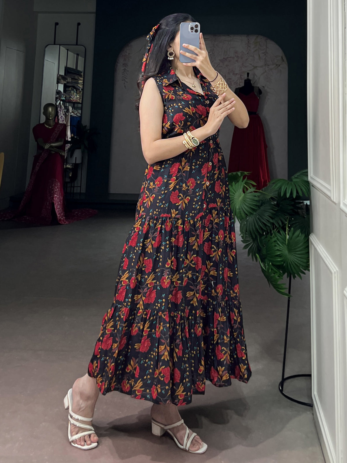 Captivating Black Floral Printed Muslin Silk Casual Wear Dress