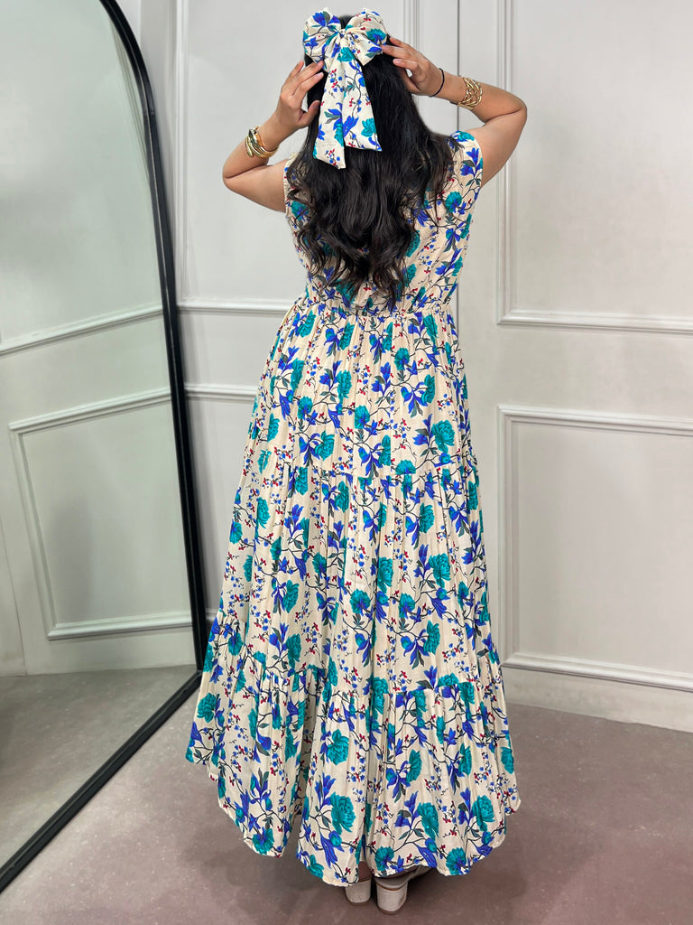Fantastic Sky Blue Digital Printed Muslin Silk Office Wear Dress