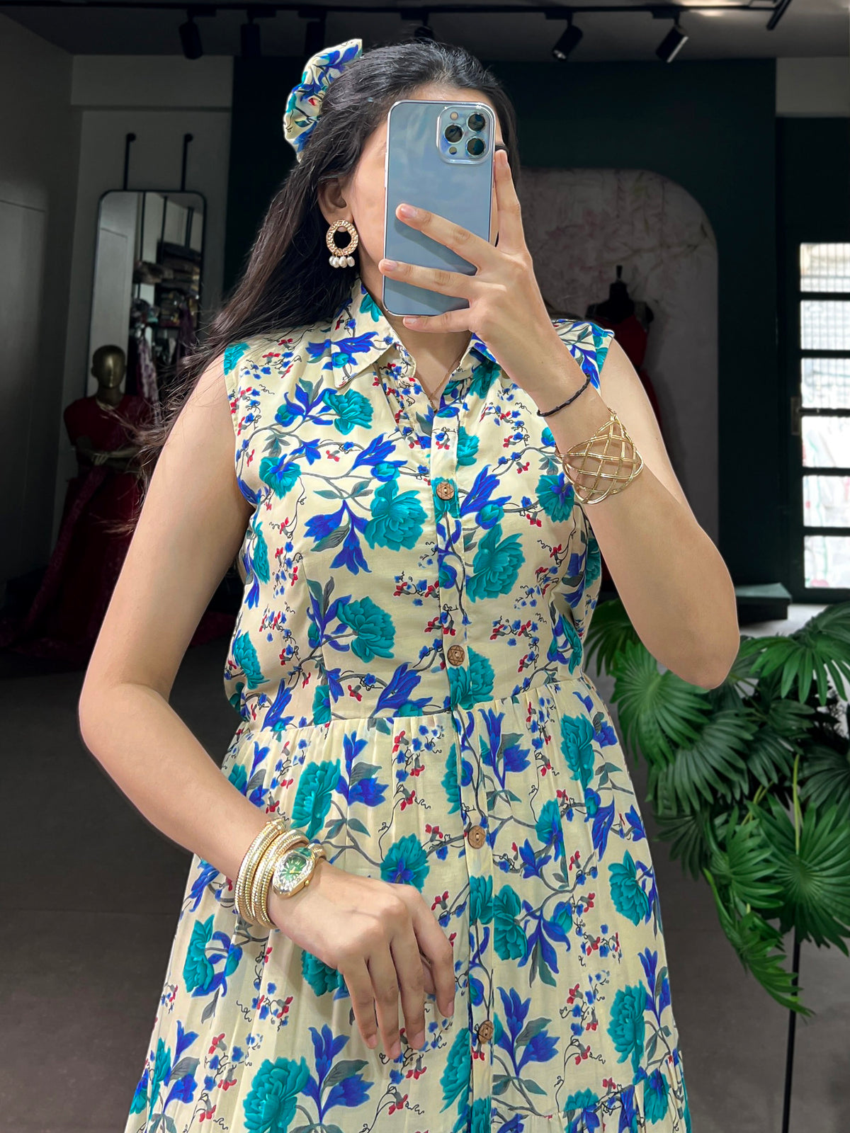 Fantastic Sky Blue Digital Printed Muslin Silk Office Wear Dress