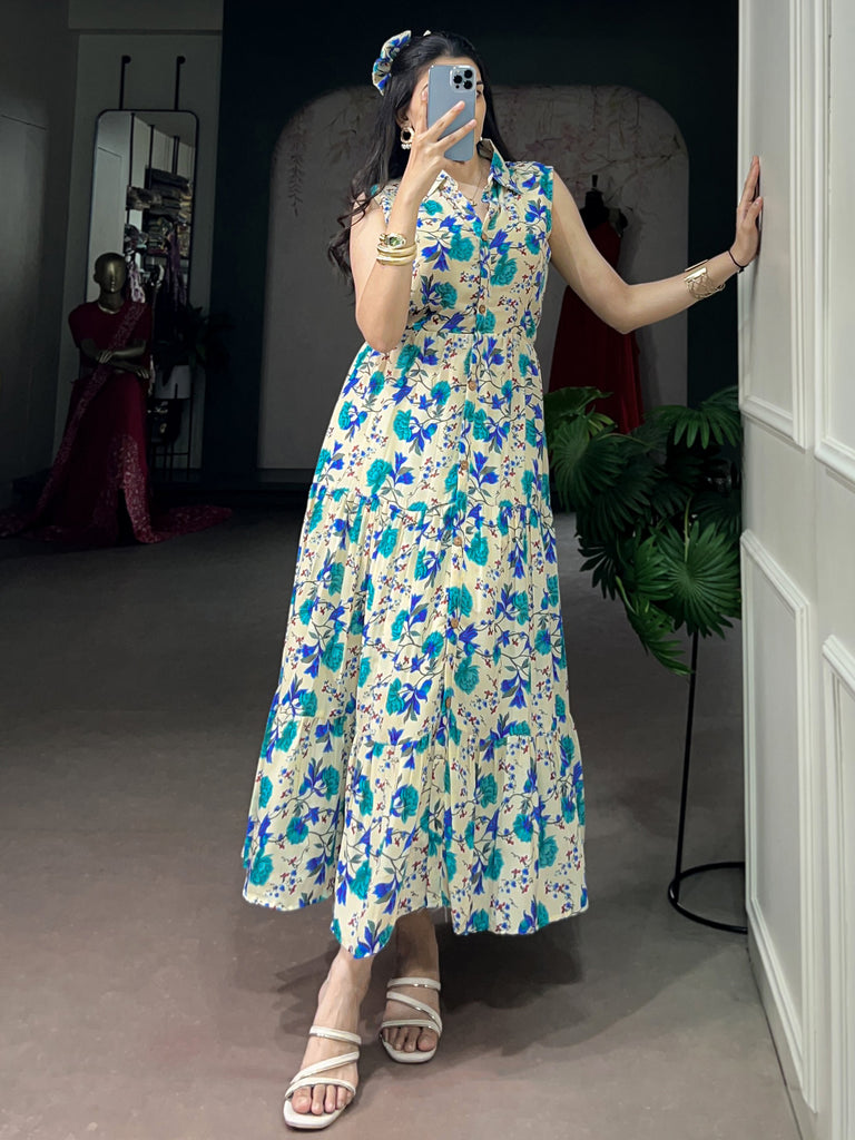 Fantastic Sky Blue Digital Printed Muslin Silk Office Wear Dress