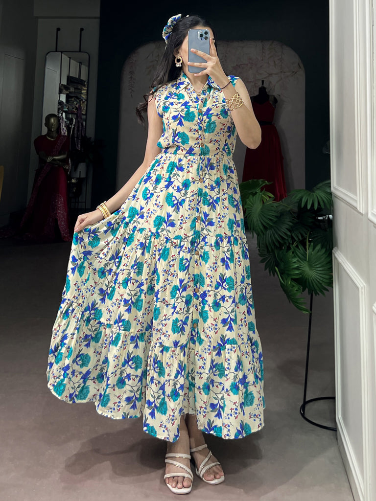 Fantastic Sky Blue Digital Printed Muslin Silk Office Wear Dress