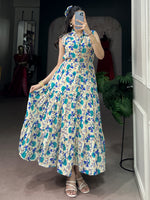 Fantastic Sky Blue Digital Printed Muslin Silk Office Wear Dress