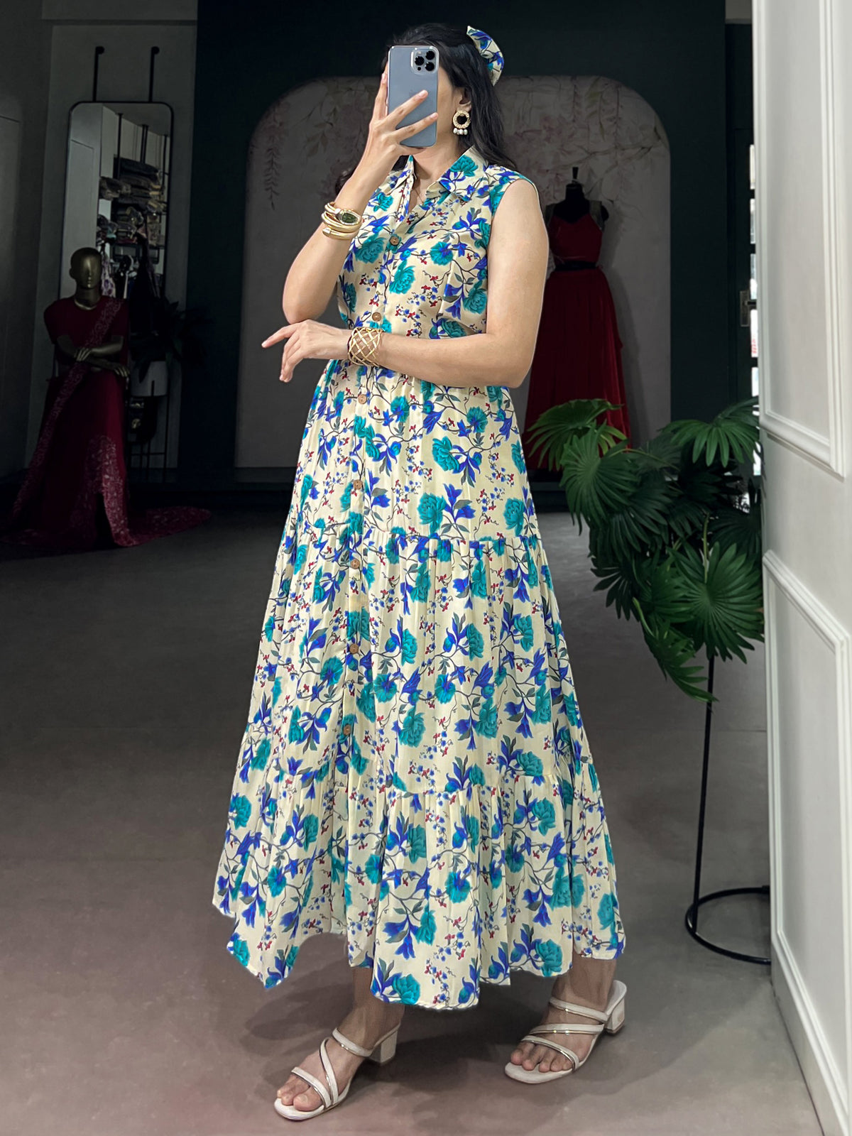 Fantastic Sky Blue Digital Printed Muslin Silk Office Wear Dress