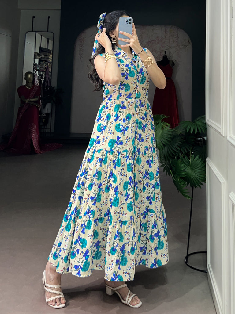 Fantastic Sky Blue Digital Printed Muslin Silk Office Wear Dress