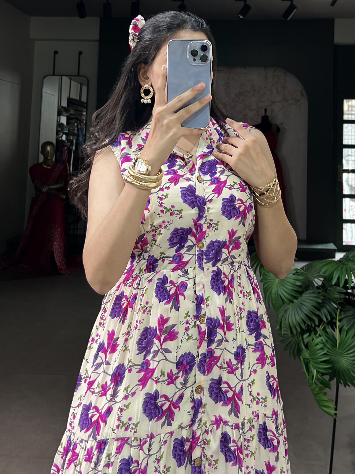 Fantastic Purple Floral Printed Muslin Silk Casual Wear Dress