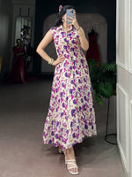 Fantastic Purple Floral Printed Muslin Silk Casual Wear Dress