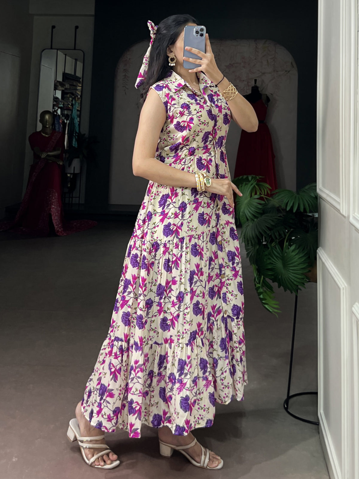 Fantastic Purple Floral Printed Muslin Silk Casual Wear Dress