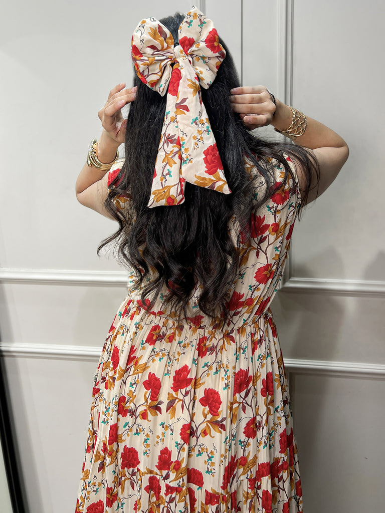 Stunning Red Floral Printed Muslin Silk Daily Wear Dress