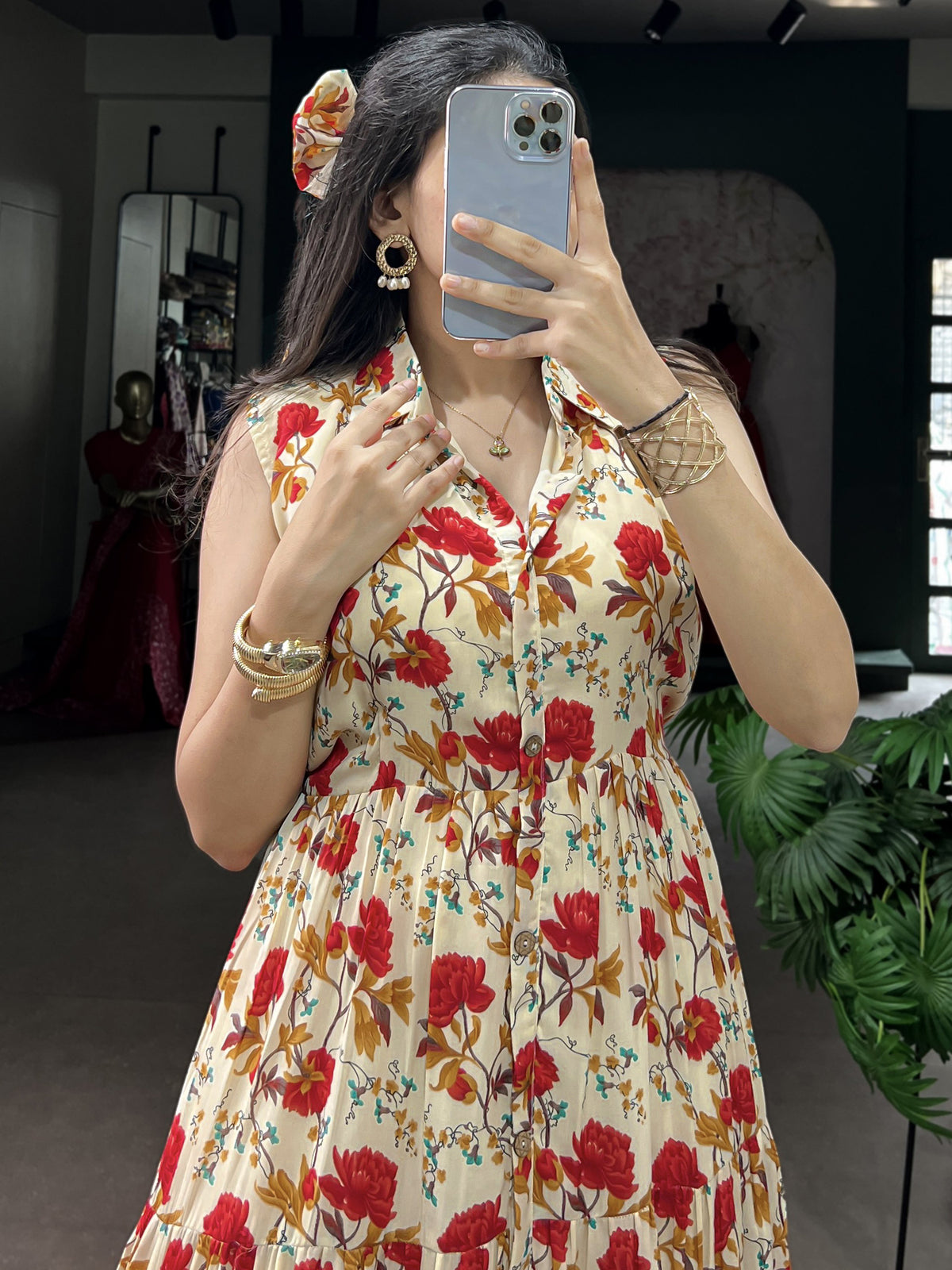 Stunning Red Floral Printed Muslin Silk Daily Wear Dress