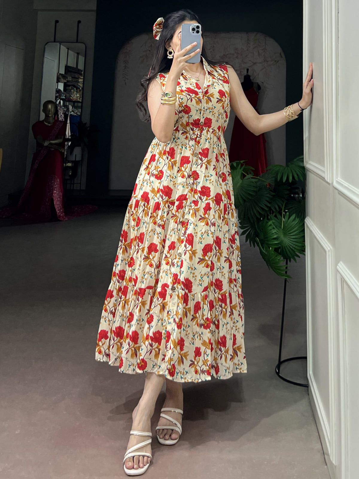 Stunning Red Floral Printed Muslin Silk Daily Wear Dress