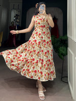 Stunning Red Floral Printed Muslin Silk Daily Wear Dress