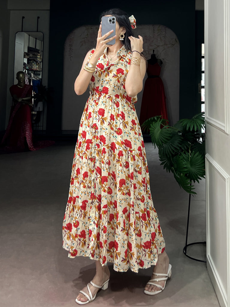 Stunning Red Floral Printed Muslin Silk Daily Wear Dress