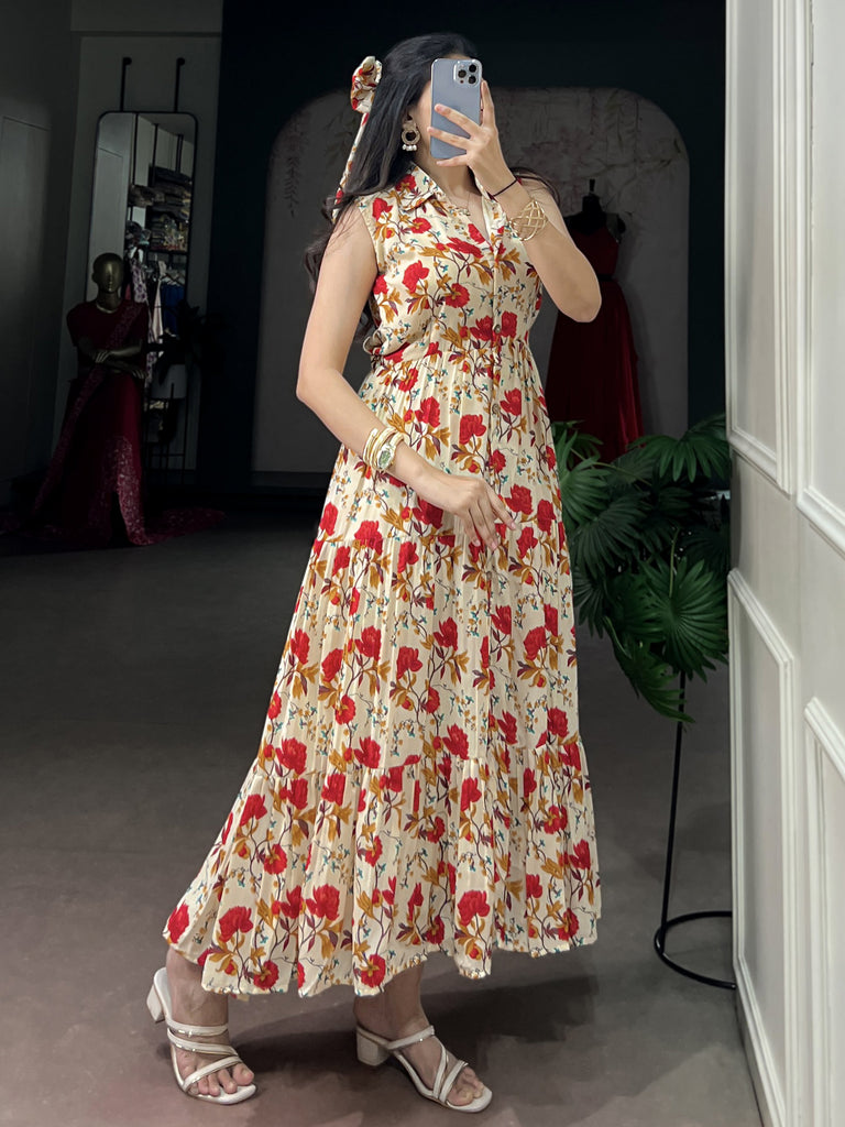 Stunning Red Floral Printed Muslin Silk Daily Wear Dress