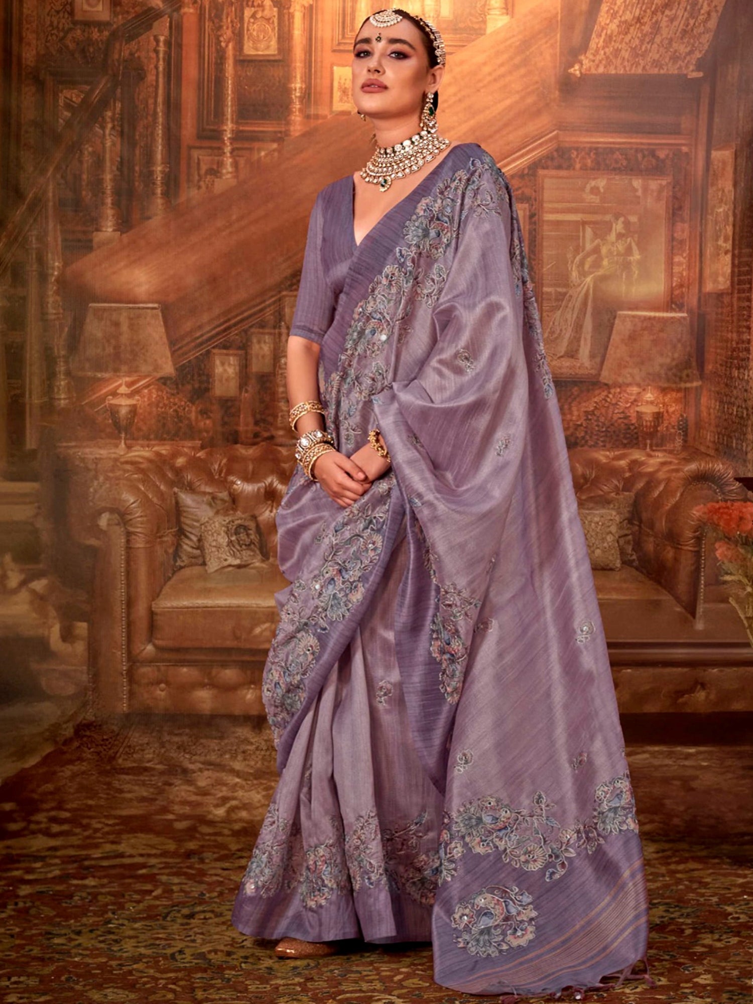 Charming Purple Hand Work Tussar Silk Wedding Wear Saree With Blouse
