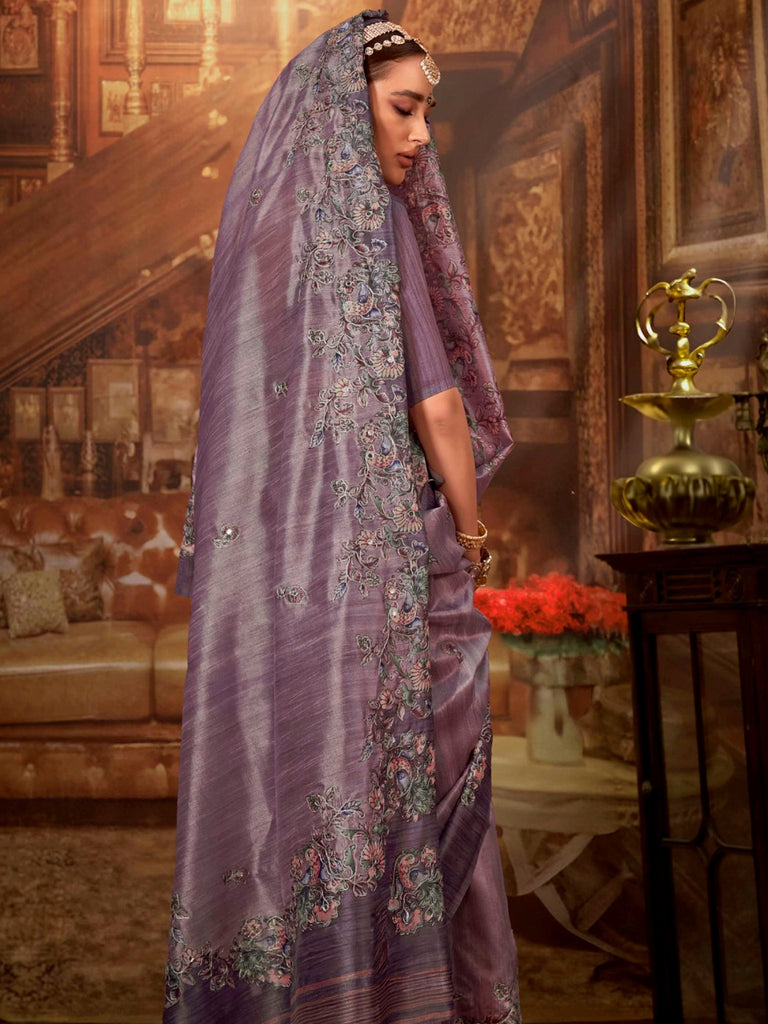 Charming Purple Hand Work Tussar Silk Wedding Wear Saree With Blouse