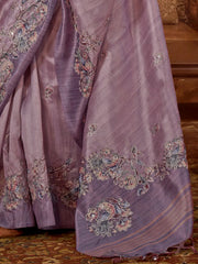 Charming Purple Hand Work Tussar Silk Wedding Wear Saree With Blouse