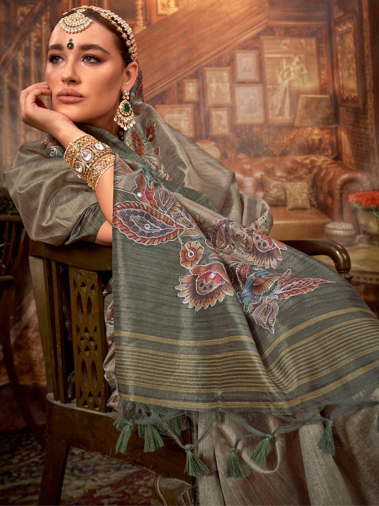 Dazzling Green Hand Work Tussar Silk Mehendi Wear Saree With Blouse