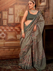 Dazzling Green Hand Work Tussar Silk Mehendi Wear Saree With Blouse