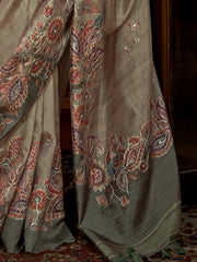 Dazzling Green Hand Work Tussar Silk Mehendi Wear Saree With Blouse