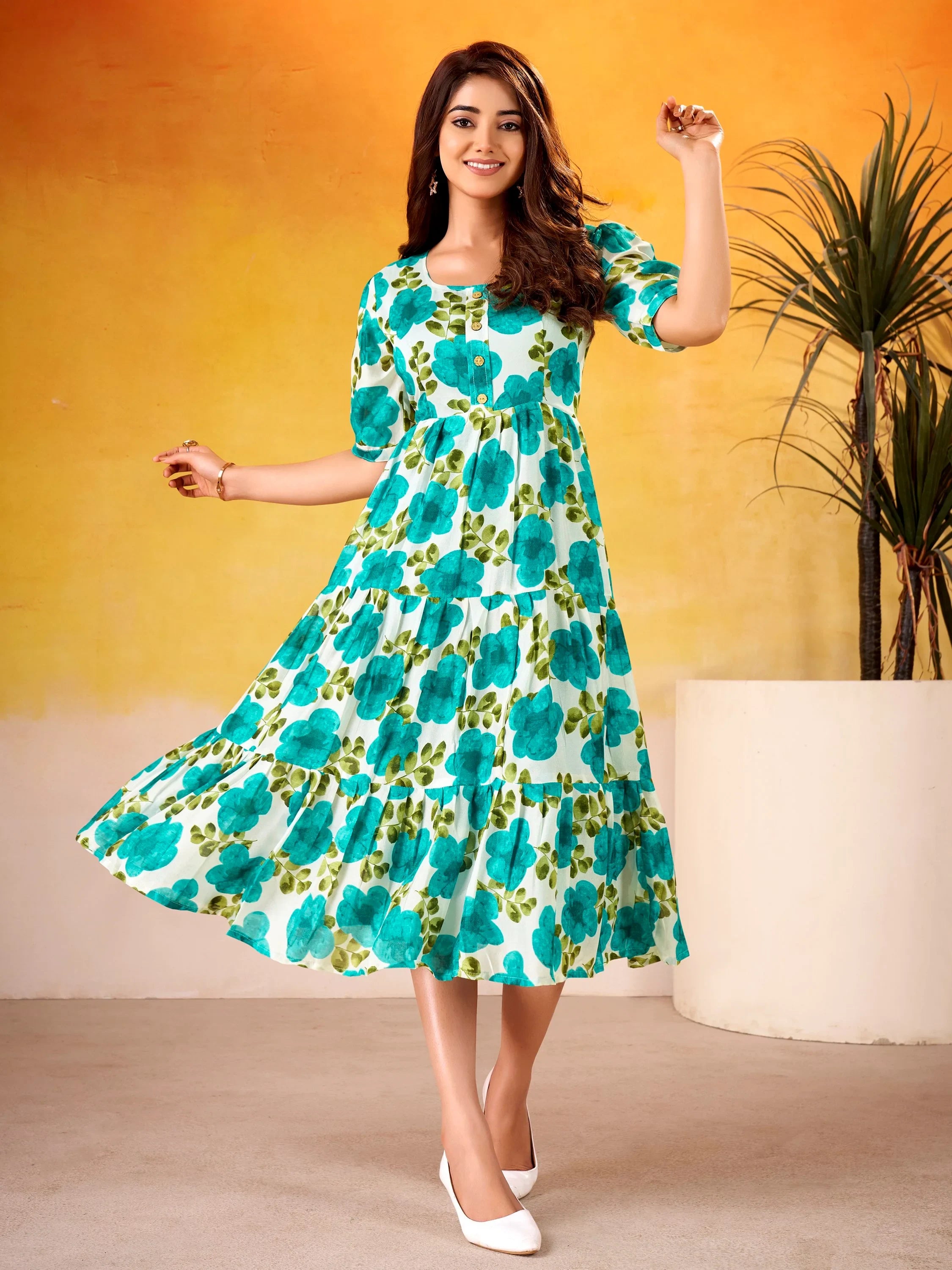Beautiful Teal Green Flower Printed Silk Summer Wear Dress