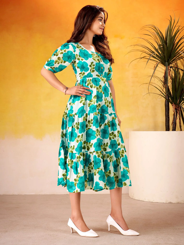 Beautiful Teal Green Flower Printed Silk Summer Wear Dress