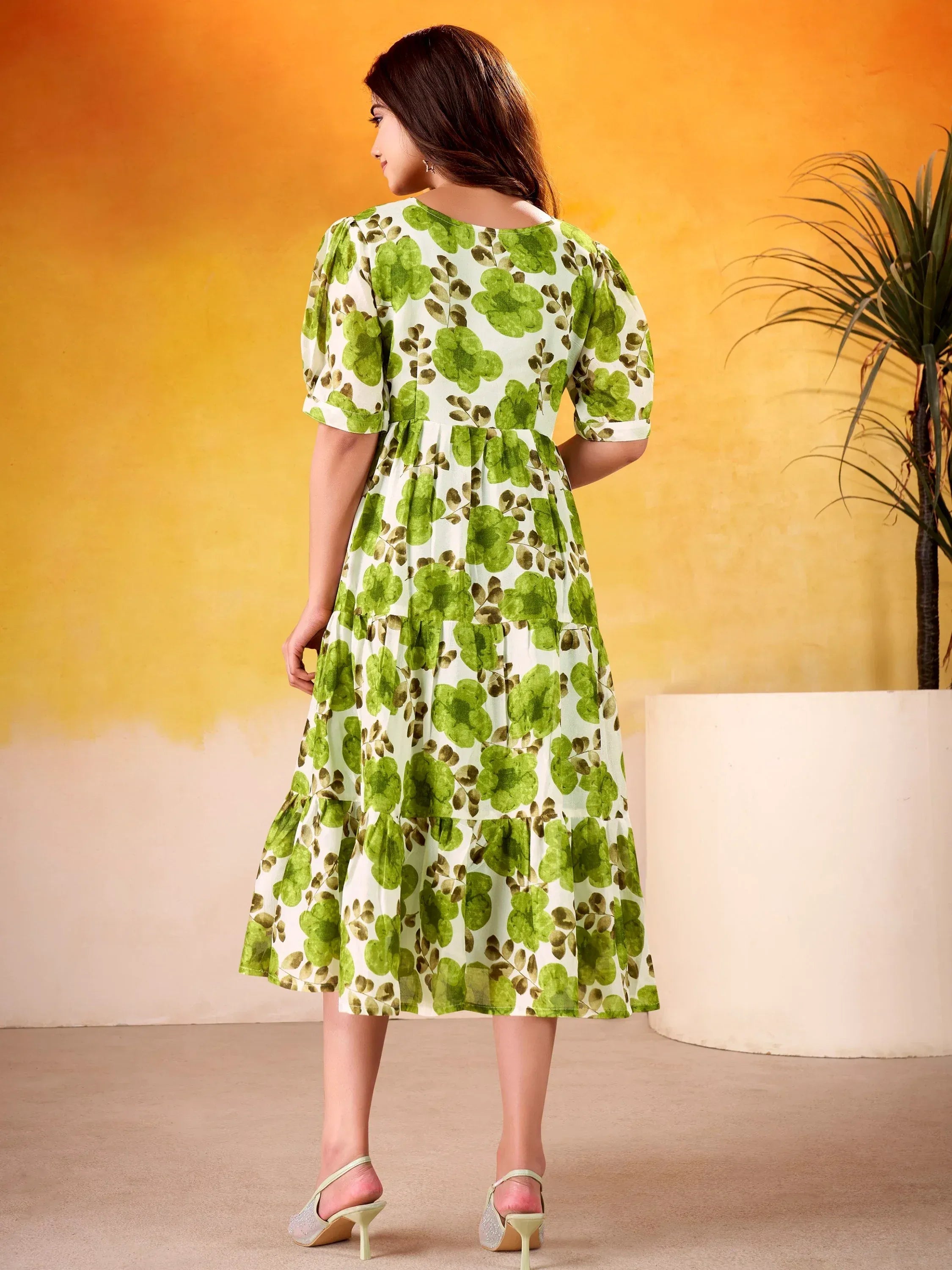Fantastic Mehendi Green Floral Printed Silk Daily Wear Dress